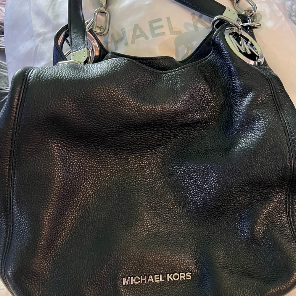 Michael Kors Black Leather Shoulder Bag with Silver Chain